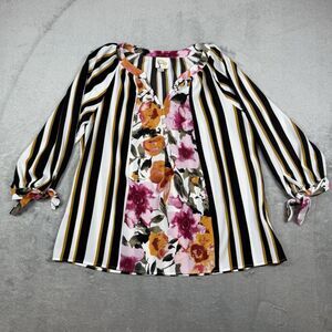 Fig & Flower Anthropologie Floral Boho Peasant Blouse Top Women's M White Stripe